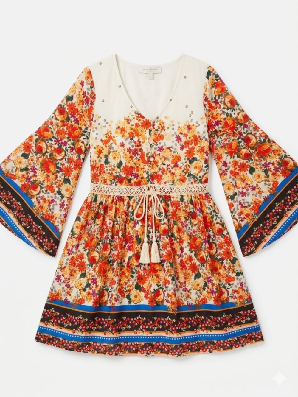NWOT Parisian Collection Bohemian Floral , Flowy Long Sleeves, Tassel , Size S
